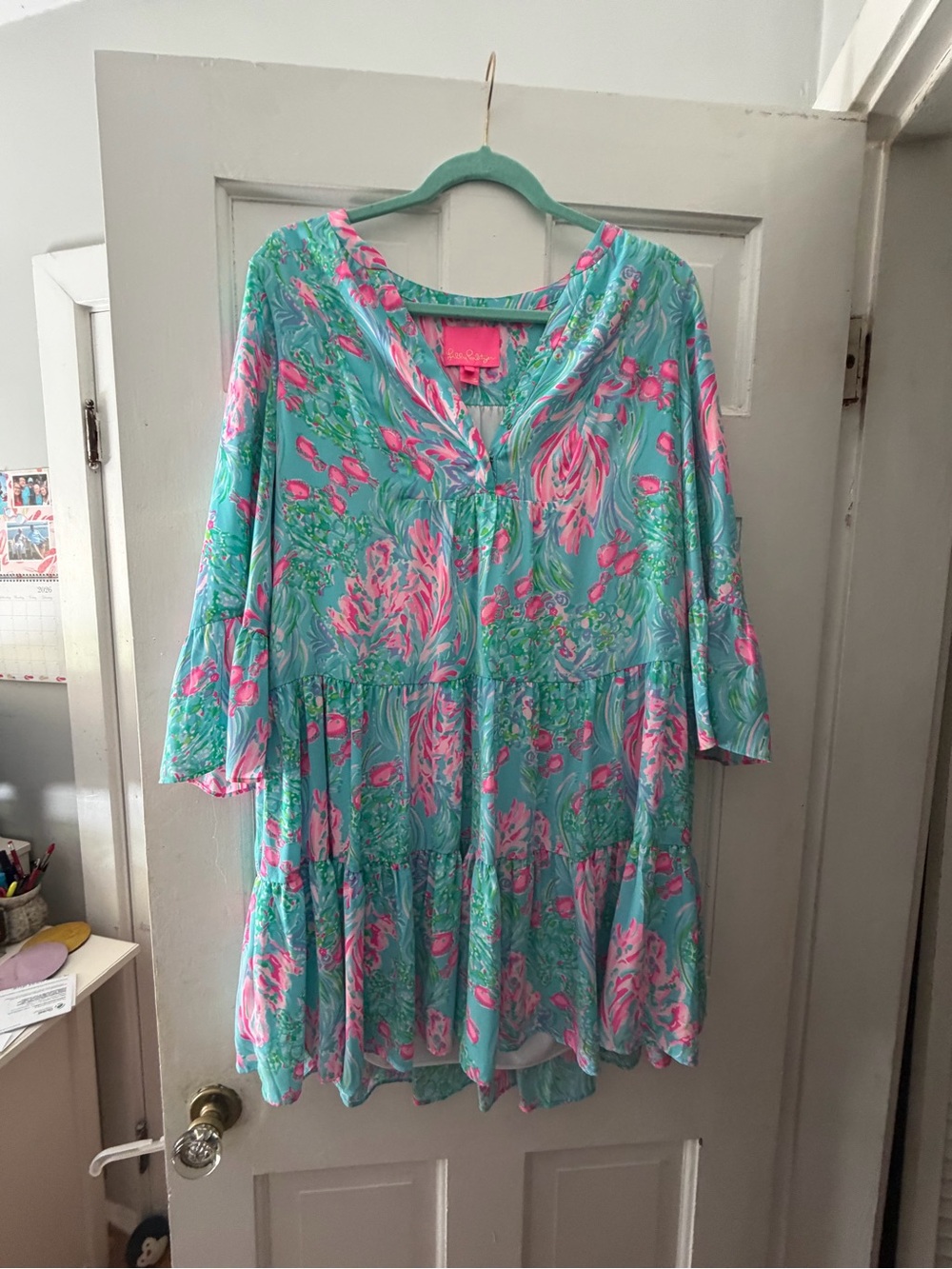 Lilly Pulitzer Aqua & Pink Floral Tiered V-Neck Dress